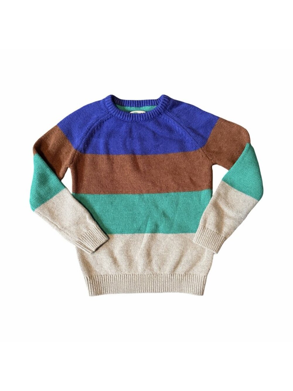 Boden Boys Colorblock Crewneck Sweater 7-8Y Blue Brown Teal Wool Blend Knit